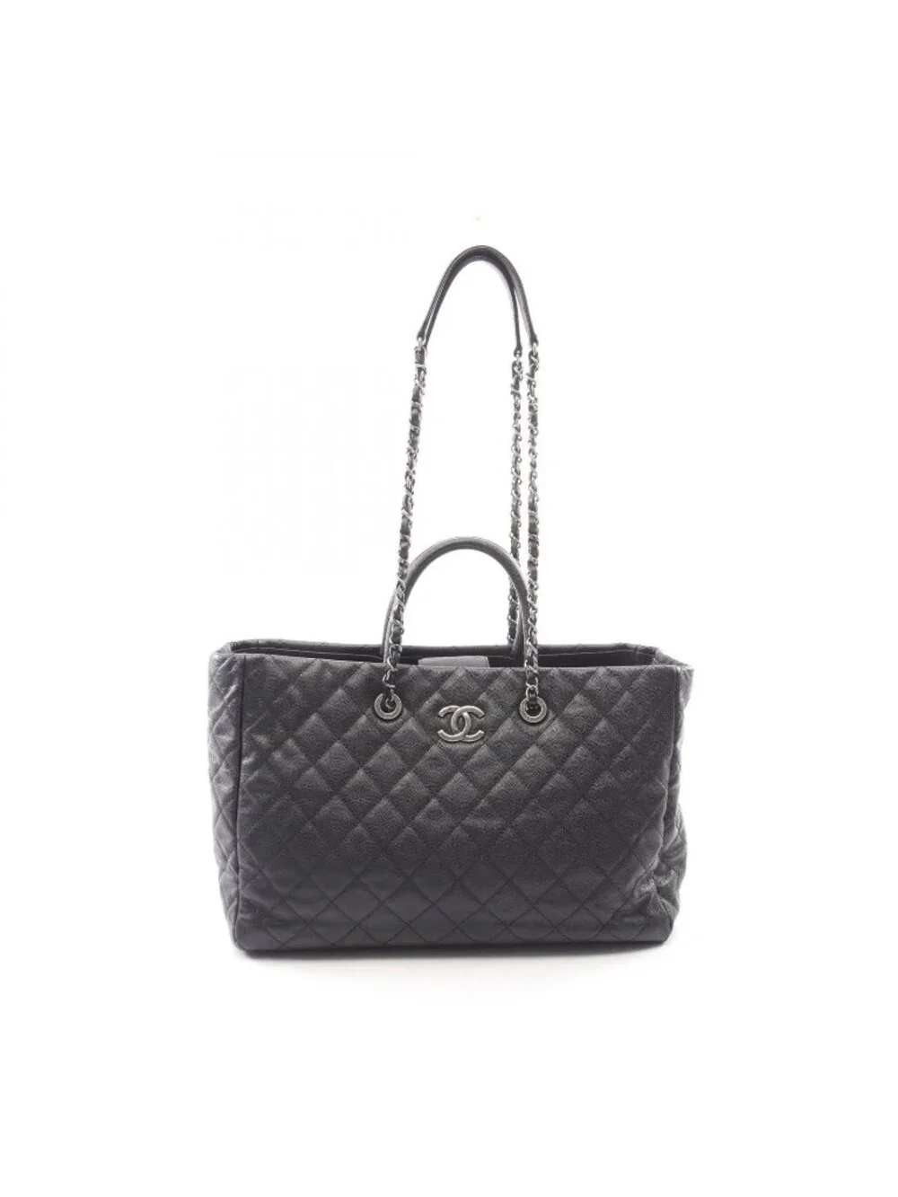 Chanel Tote Bag Quilted 2-Way Black Caviar Leather Chain
